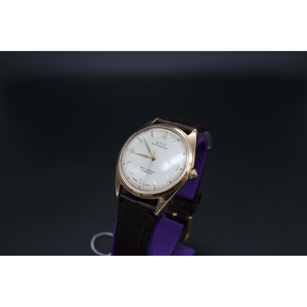 Oris Vintage Anti-Shock 17 Jewels Gold Tone Manual Wind Watch Date Brown Leather